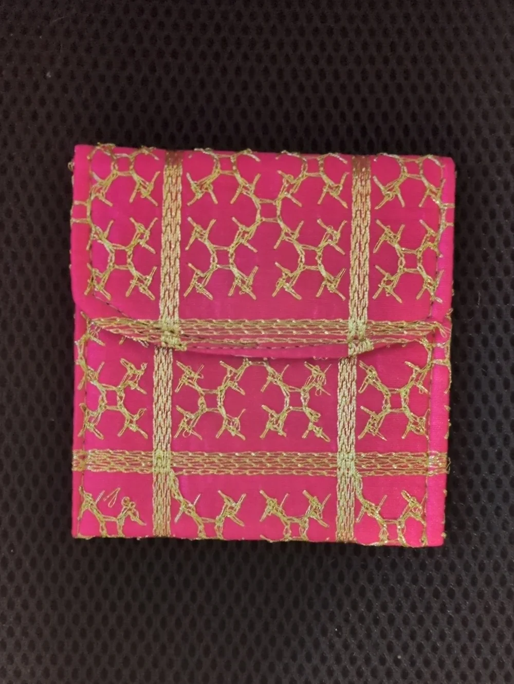 Pink Fabric Pouch with Traditional Gold Embroidered Pattern